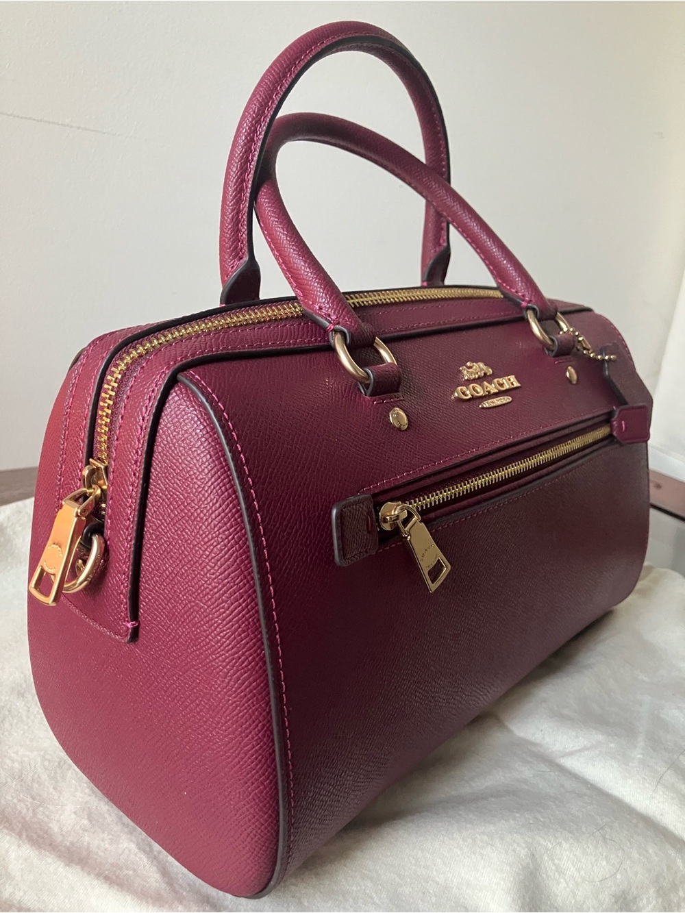 COACH Purse Rowan Satchel Leather Handbag in Berry Pink / Burgundy - Picture 2 of 13